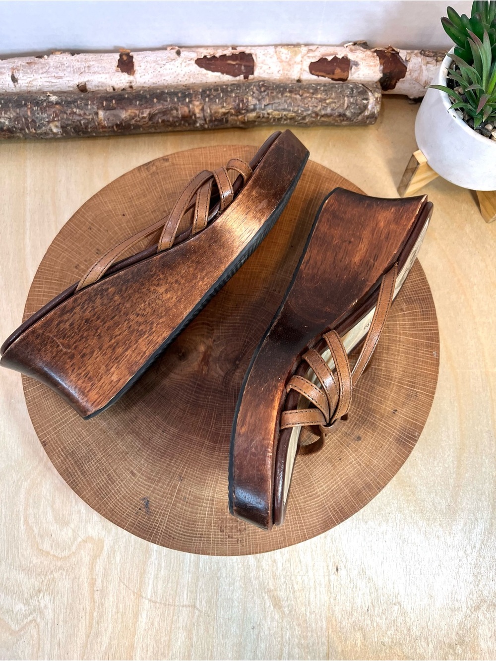 Vintage No Boundaries Leather Wooden Wedge Sandals - Size 7.5 - Boho Y2K - Picture 8 of 15
